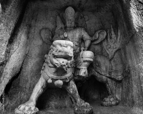 Bild auf Leinwand Ancient Stone Guardian Carving in Rock Cave, Hangzhou China