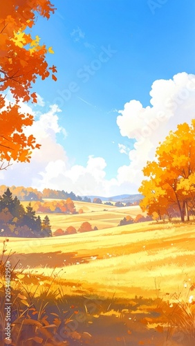 Watercolor Autumn Golden Meadow and Blue Sky Landscape — Bright Fall Nature Smartphone Wallpaper Illustration