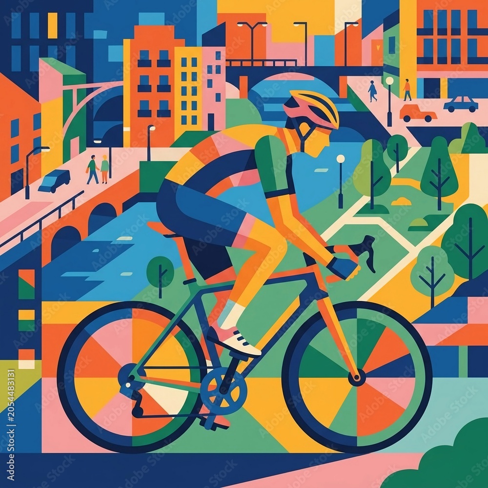 Fototapeta premium A vibrant, geometric vector illustration of a professional road cyclist riding through a stylized, colorful urban landscape with parks and buildings.