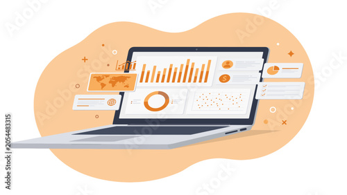 Flat vector illustration of a laptop screen displaying a comprehensive data analytics dashboard with charts