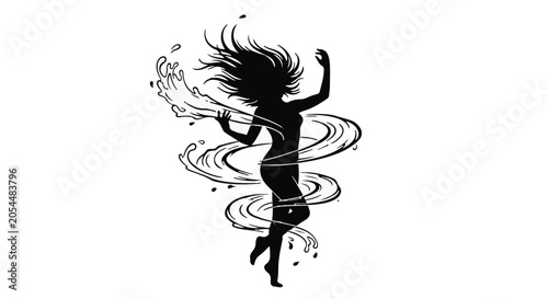 Dancer moves gracefully while surrounded by flowing ribbons that accentuate her elegant silhouette.