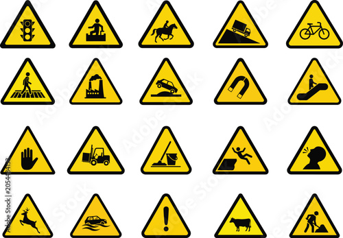 Set of diverse yellow triangular warning signs with black icons depicting various hazards and traffic information isolated on transparent background