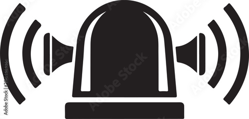 Black silhouette of an emergency siren with broadcast signal waves indicating high alert activity for safety and security systems on transparent background