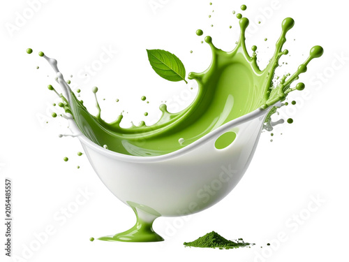 A vibrant green matcha liquid splashes dramatically out of a white bowl, with a fresh green leaf perched on top. Powdered matcha sits beside the bowl, suggesting a refreshing beverage