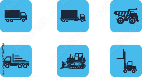 Set of six flat vector transport icons featuring various construction and logistics vehicles rendered in a minimalist style on transparent background