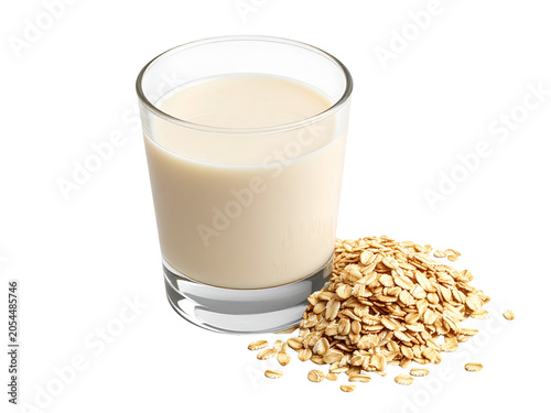 A glass of oat milk next to a pile of rolled oats, offering a healthy dairy-free alternative