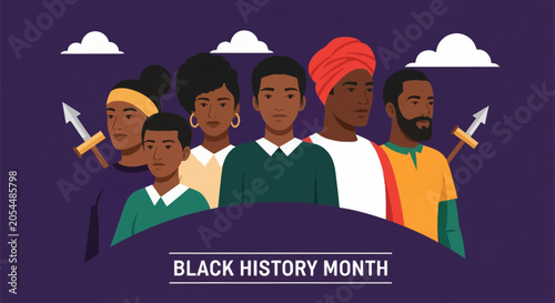 Black History Month vector illustration showcasing a diverse group of African American men and women, featuring traditional headwear, a child, and stylized spears on a purple background.