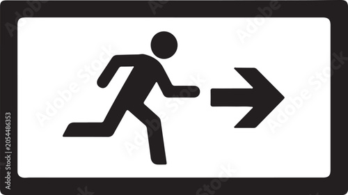 Emergency exit sign with running person icon and right pointing arrow symbol rendered in a bold black rectangular frame on transparent background