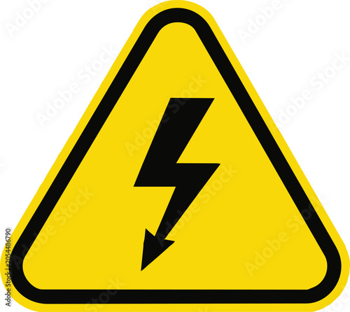 Yellow triangular high voltage electricity hazard warning sign symbol with a black lightning bolt icon featured on transparent background
