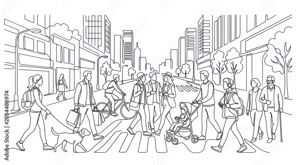 Obraz premium Urban life scene with people walking shopping and cycling in city