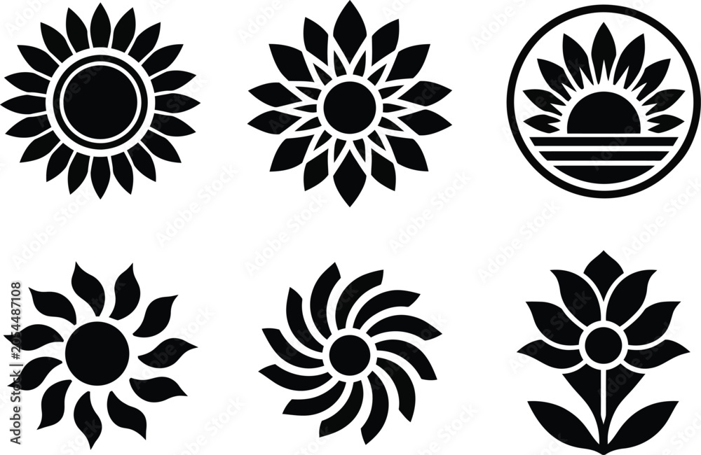 Fototapeta premium Sunflower & Sun Logo Collection - 6 Minimalist Sunshine Icons