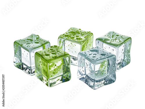 A refreshing assortment of ice cubes, some clear and others infused with a green hue, glistens with condensation