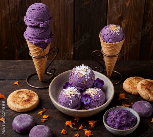 Ube ice cream scoops in a bowl with cookies and ube halaya dessert
