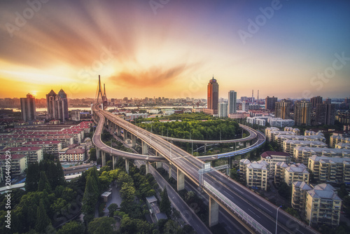 Photography Sunset Aerial View of Yangpu Bridge Interchange in Shanghai China