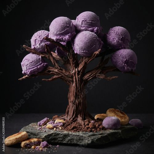 Edible tree made of chocolate and ube ice cream scoops