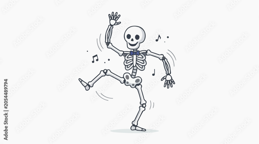 Fototapeta premium A happy cartoon skeleton dancing with a bow tie and musical notes around it on a white background