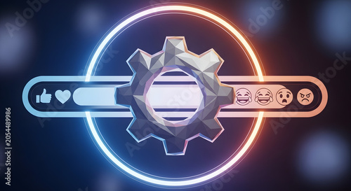 Digital Engagement Mechanics with Abstract Gear Symbol and Social Reaction Icons on Dark Background