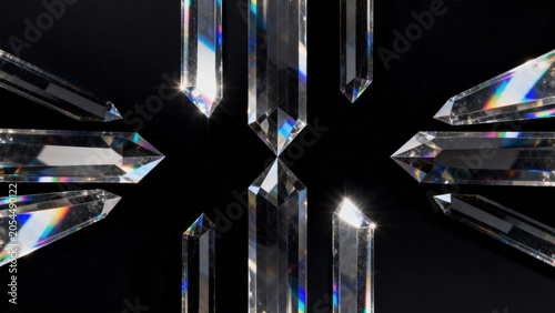 Crystal prisms refracting light on black background
