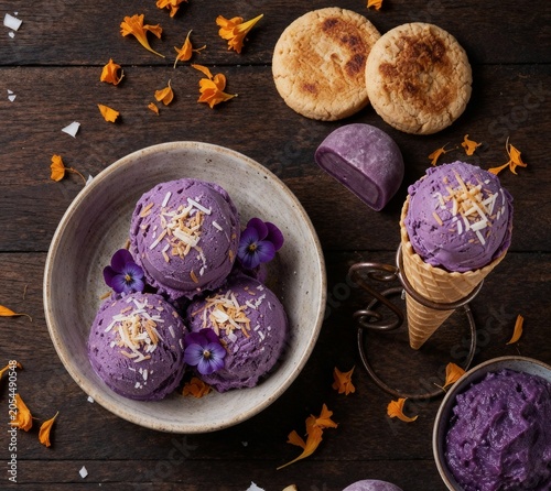 Ube ice cream scoops in a bowl with cookies, mochi and ube halaya
