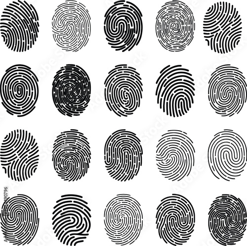 Obraz na płótnie A collection of black stylized fingerprint patterns displaying various swirling