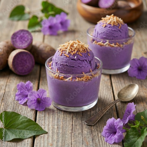 Ube ice cream scoops with toasted coconut, purple flowers and ube yam tubers