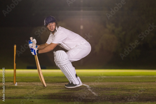 Wooden cricket bat standing vertically in marked crease with stumps on grass under floodlights