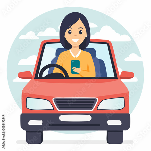 Woman driving car and using smartphone