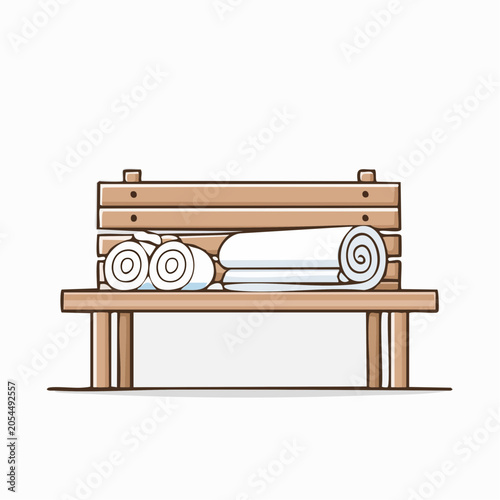 Wooden bench with rolled towels
