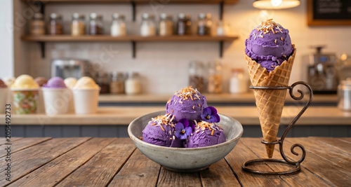 Still life with ube ice cream scoops and wafer cone