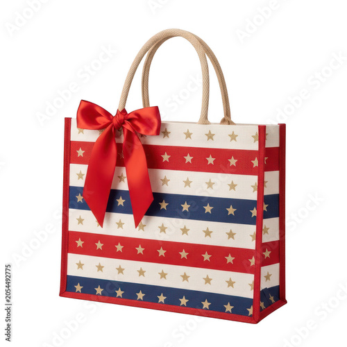 Red white and blue striped gift bag with bow ribbon on side
