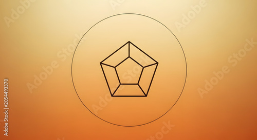 Minimalist geometric pentagon shape line art icon inside a circle on an orange gradient background