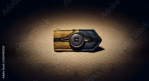 Minimalist fashion concept showing a fabric strap with a central button on a textured surface