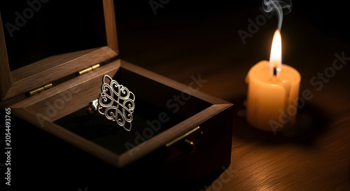 Silver filigree ring in wooden box beside glowing candle in mysterious darkness