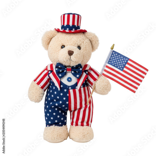 Cute teddy bear dressed as uncle sam with american flag for fourth of july
