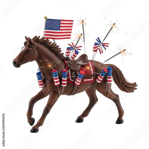 American jockey riding brown horse with us flag pattern on race day