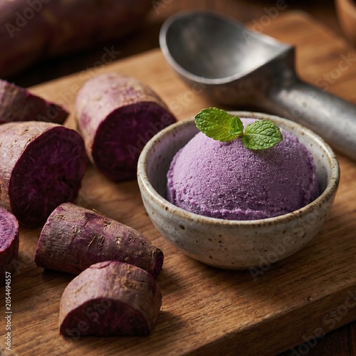 Ube ice cream in a bowl and fresh ube yam tubers