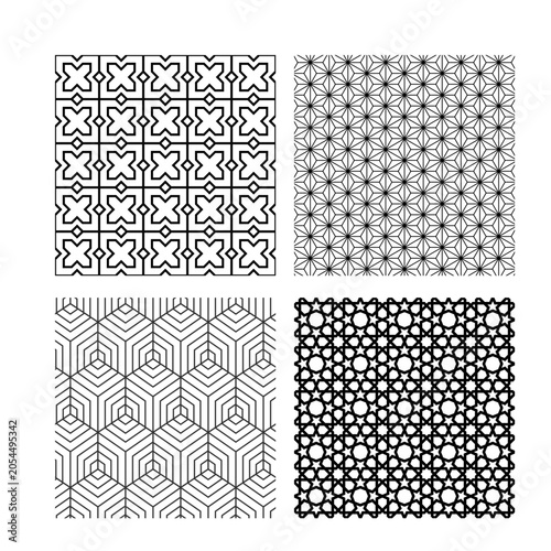 Set of Four Seamless Monochrome Geometric Pattern Designs for Decorative Backgrounds and Graphic Textures