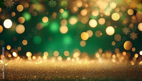 Christmas Background Abstract Banner Golden And Green Blurred Bokeh Lights Festive Header