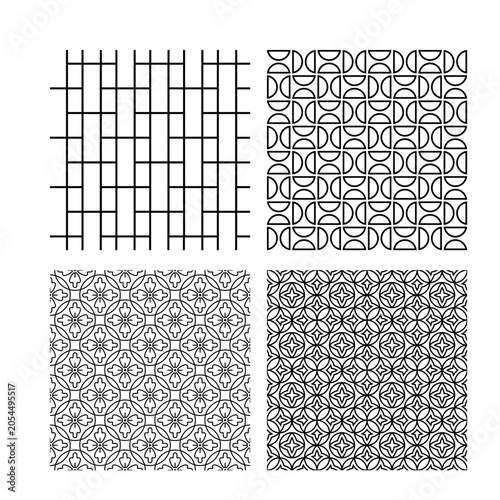 Collection of Four Geometric Seamless Patterns in Black and White Vector Graphics