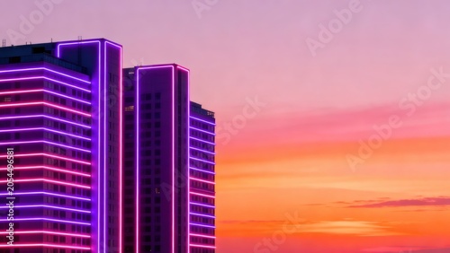 Neon lit buildings at sunset