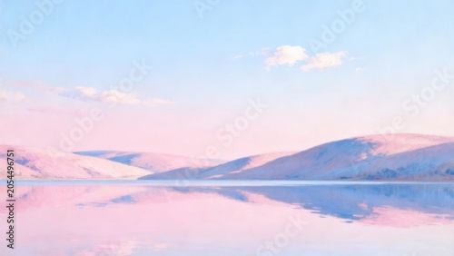 pastel landscape with hills and lake