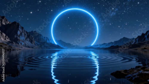 Mountain lake with glowing ring in night sky