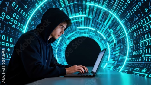 Person in hooded sweatshirt working on laptop