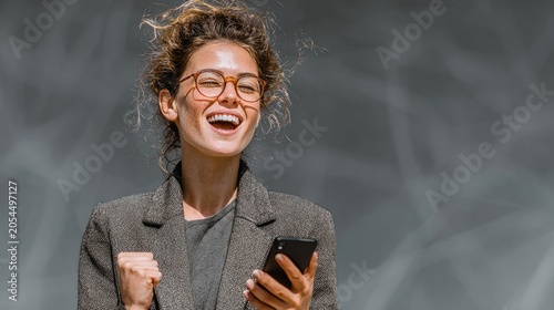 Excited woman in glasses celebrating success while holding a smartphone
