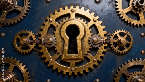 Golden gears and lock on blue surface