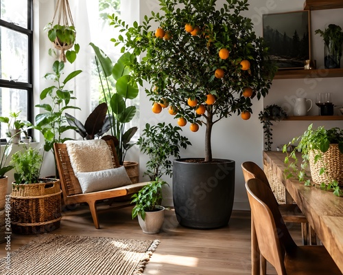 Stylish Urban Jungle Living Space Featuring Potted Orange Tree