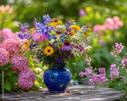 Vibrant Wildflowers Arranged in Glossy Blue Vase with Garden Blooms