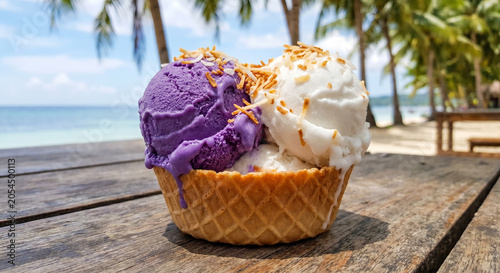 ube and coconut ice cream scoops with tropical background