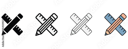Bild auf Leinwand Four styles of crossed pencil and ruler icons including black white gray and blu