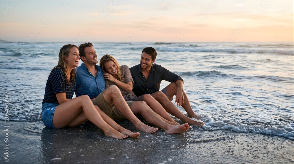 Obraz premium Four friends laughing while sitting together on the beach at sunset